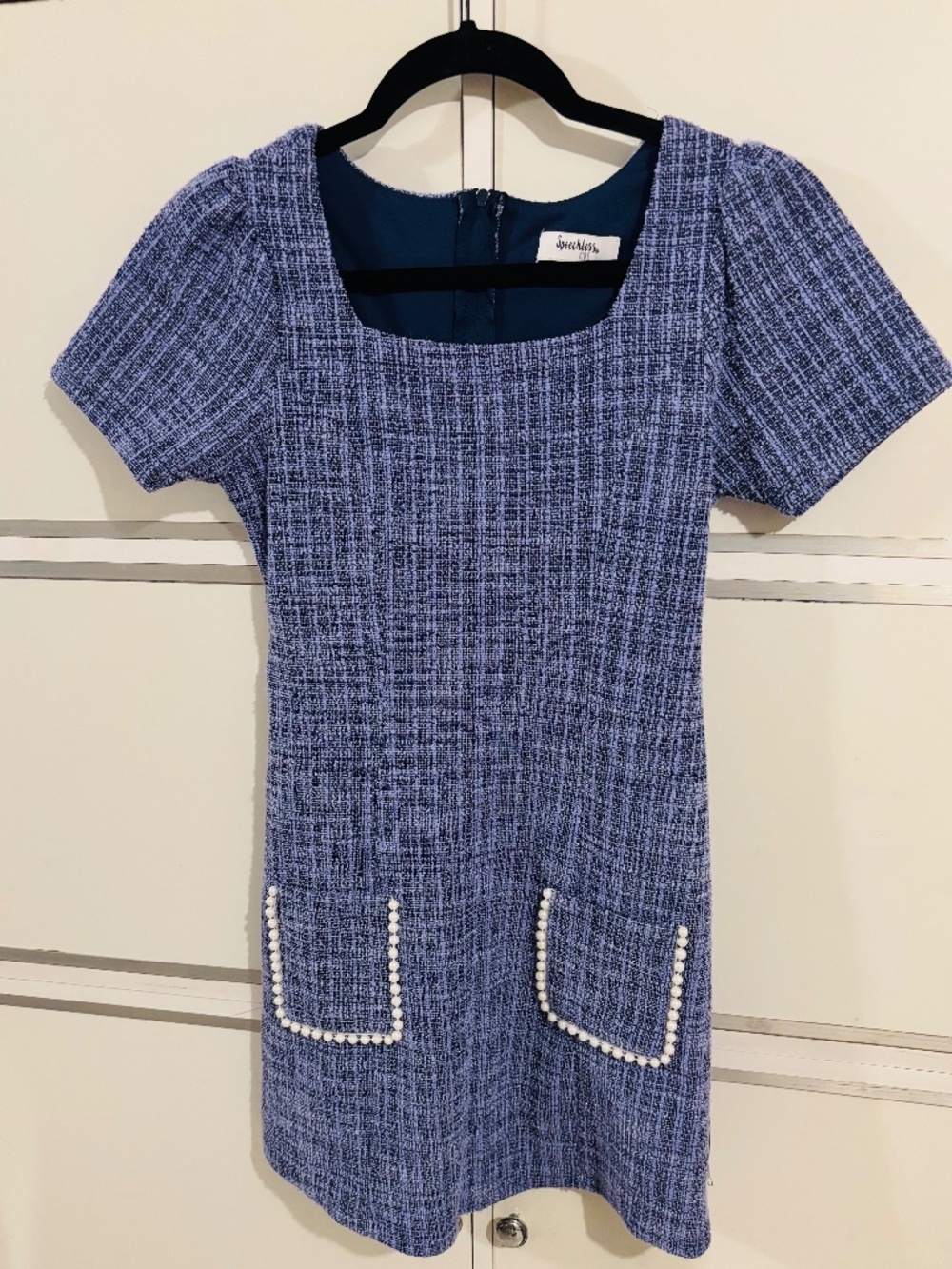 Speechless Girls Tweed Dress Blue/White With Pearls Accents Sz 14